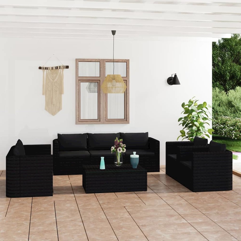 Garden Lounge Set Black Powder-coated steel, PE rattan, Polyester. Picture 1