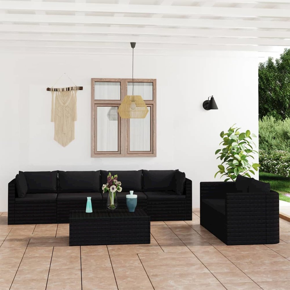 Garden Lounge Set Black PE Rattan, Powder-Coated Steel, Polyester. Picture 1