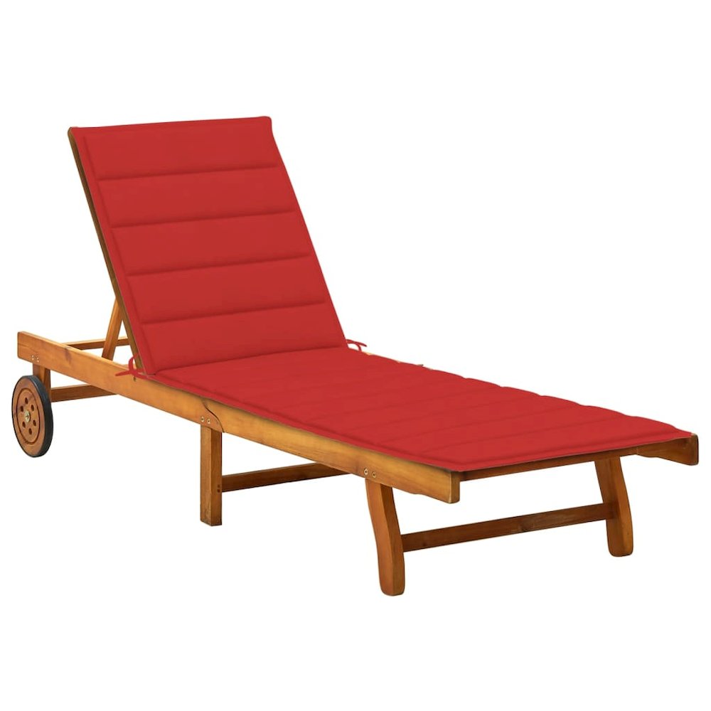Sunlounger Brown (Wood), Red (Cushion) Solid Acacia Wood Large. Picture 1