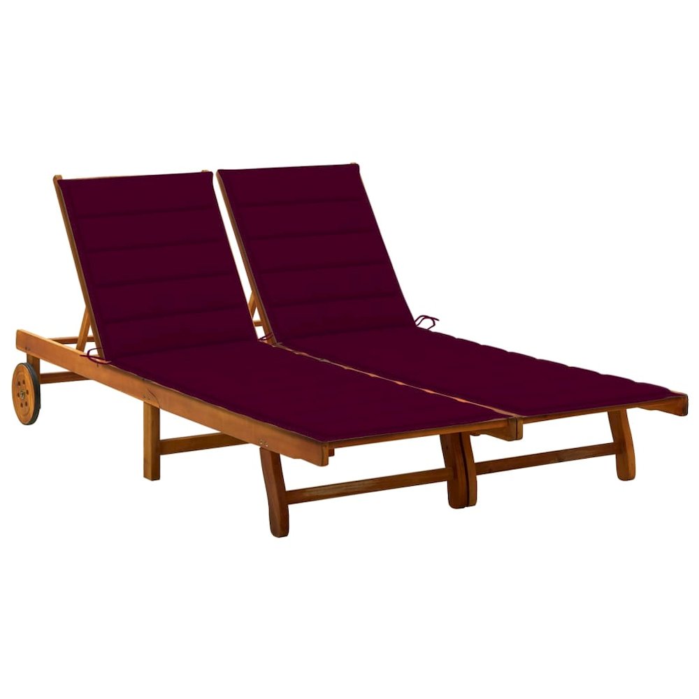 Sunlounger Wine Red Solid Acacia Wood, Polyester. Picture 1