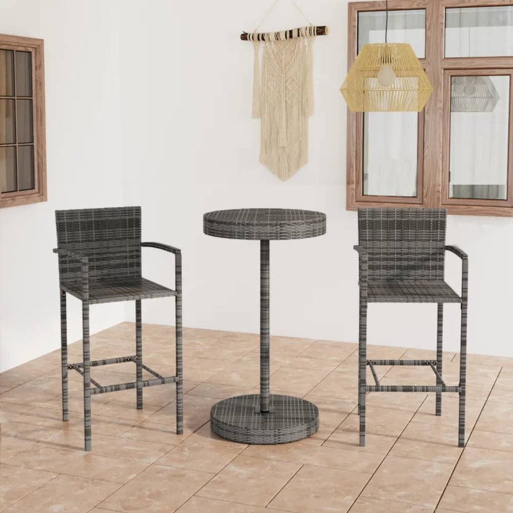 Garden Bar Set Grey PE rattan, powder-coated steel 3 Piece. Picture 1