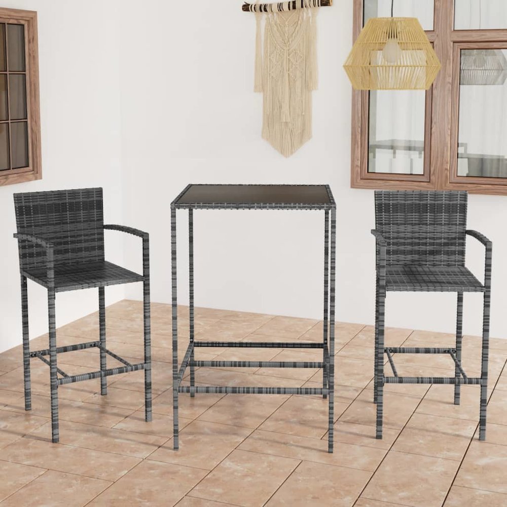 Garden Bar Set Grey PE rattan, powder-coated steel, tempered glass. Picture 1