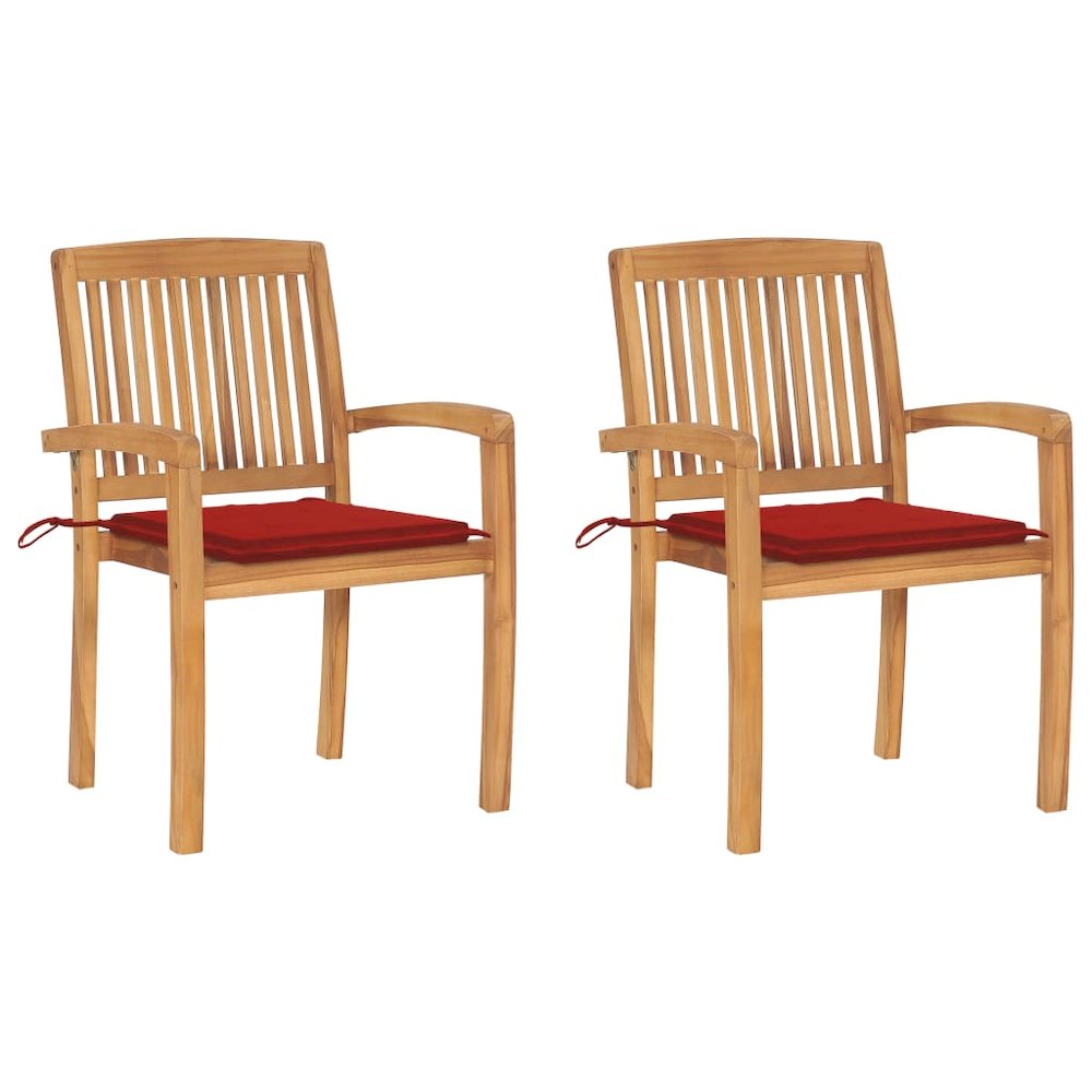 Patio Chairs 2 pcs with Red Cushions Solid Teak Wood. Picture 1