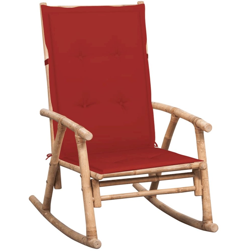 Rocking Chair Natural Bamboo, Red Cushion Bamboo, Polyester Cushion. Picture 1