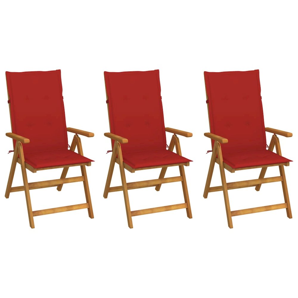 Garden Chair Set of 3 Red, Brown Solid Acacia Wood, 100% Polyester. Picture 1