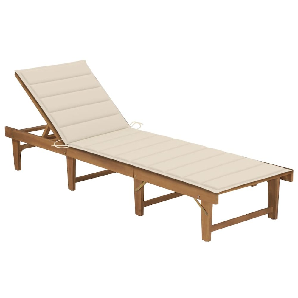 Sun Lounger Cream & Natural Wood Solid Acacia wood 78.7 in length. Picture 1