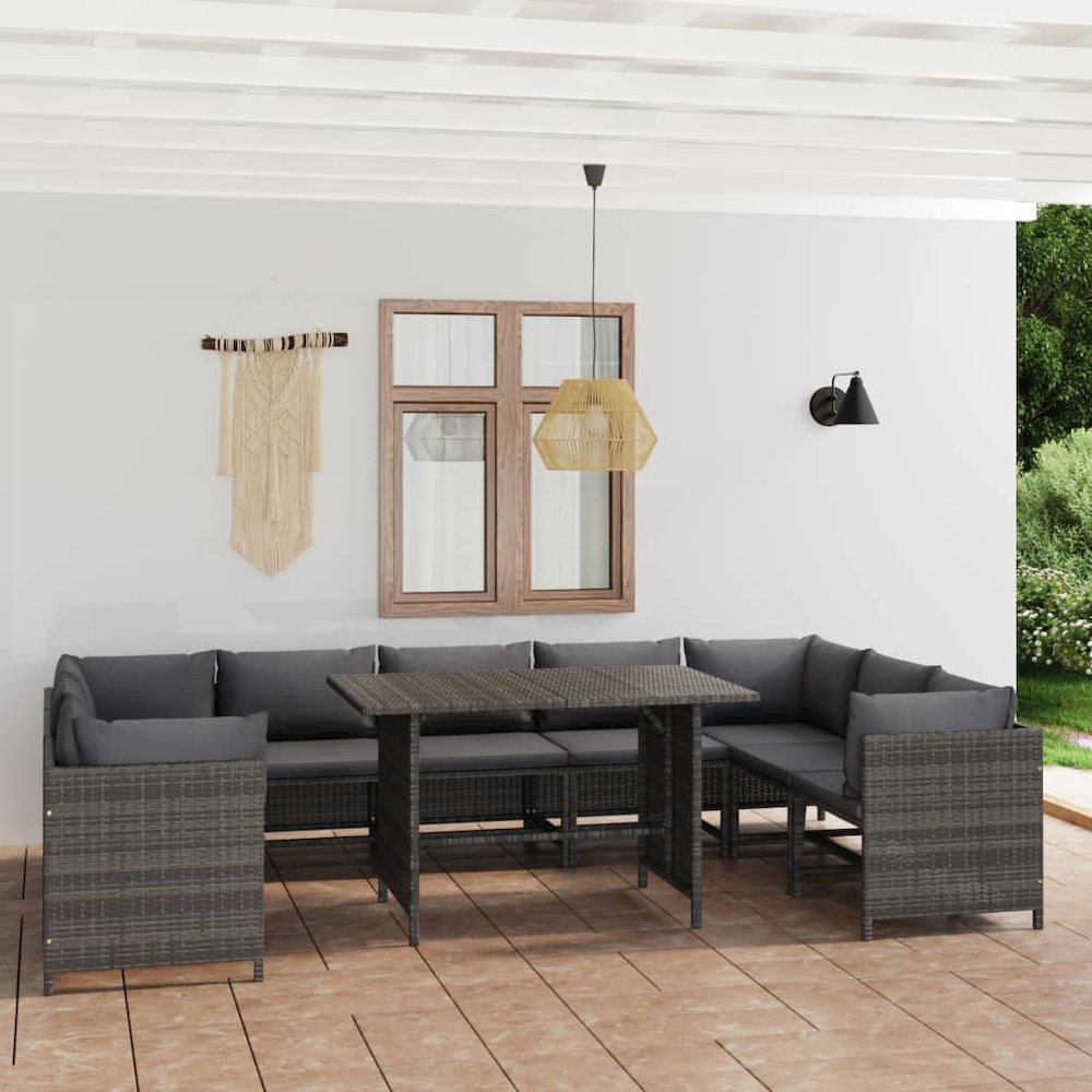vidaXL 10 Piece Patio Lounge Set with Cushions Poly Rattan Gray. Picture 1