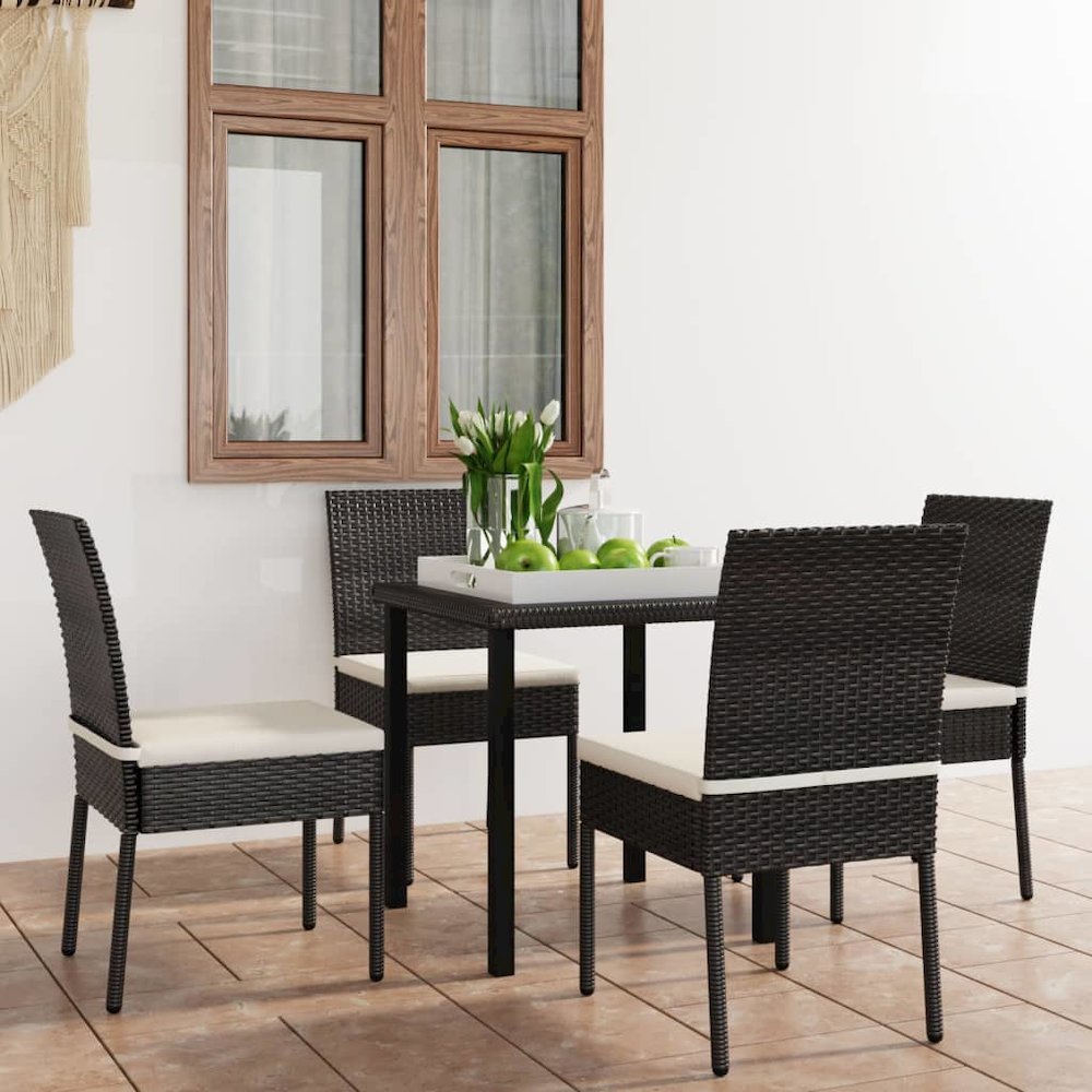 Dining Set Black, Cream Poly rattan, powder-coated steel, glass. Picture 1