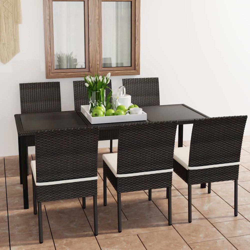 Dining Set Black Poly rattan, powder-coated steel, glass Medium. Picture 1