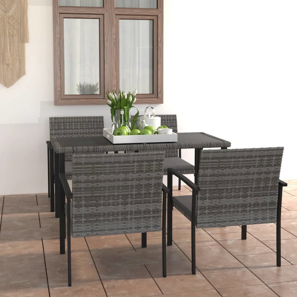 Dining Set Grey and Black Poly rattan, powder-coated steel Medium. Picture 1