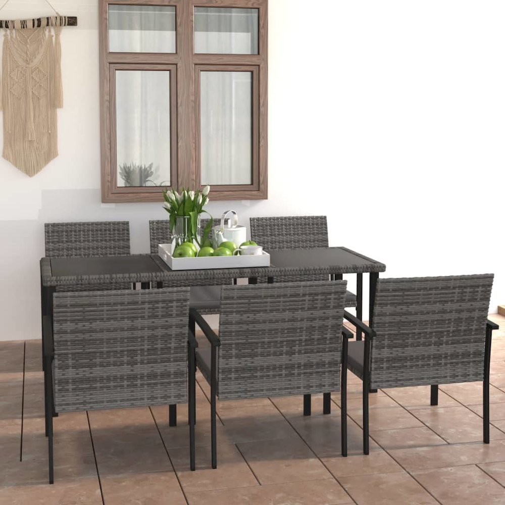 Dining Set Grey and Black Poly rattan, powder-coated steel, glass. Picture 1