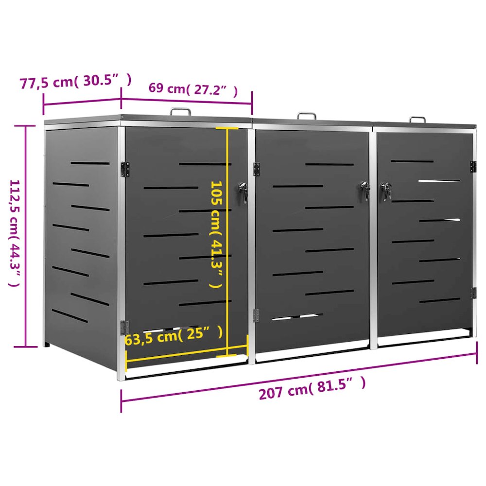 vidaXL Triple Wheelie Bin Shed 81.5"x30.5"x45.3" Stainless Steel, 149556. Picture 12
