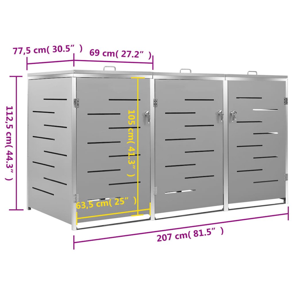 Triple Wheelie Bin Shed 81.5"x30.5"x44.3" Stainless Steel. Picture 12