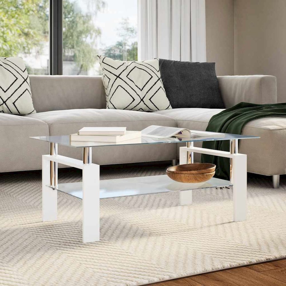 Coffee Table White and Transparent Tempered Glass, Melamine. Picture 3