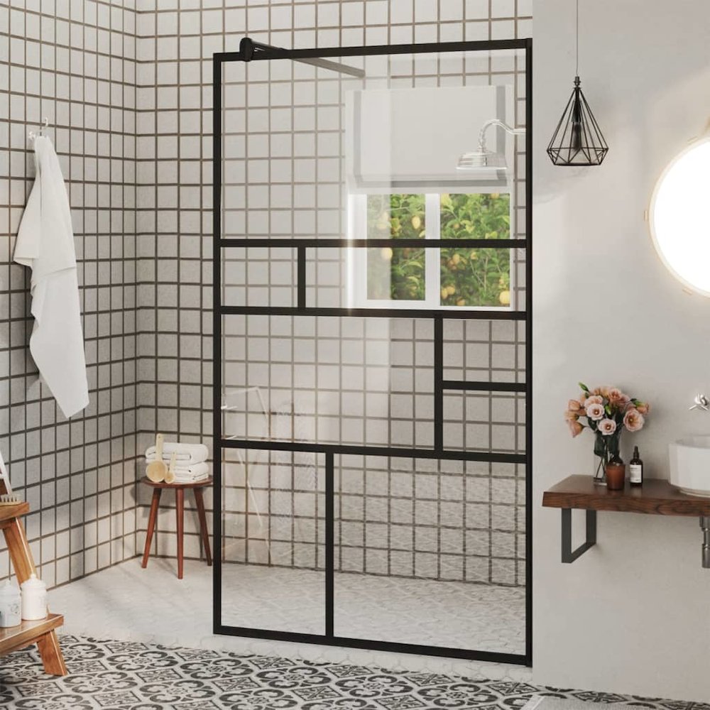 Walk-in Shower Wall with Clear ESG Glass 35.4"x76.8" Black. Picture 1