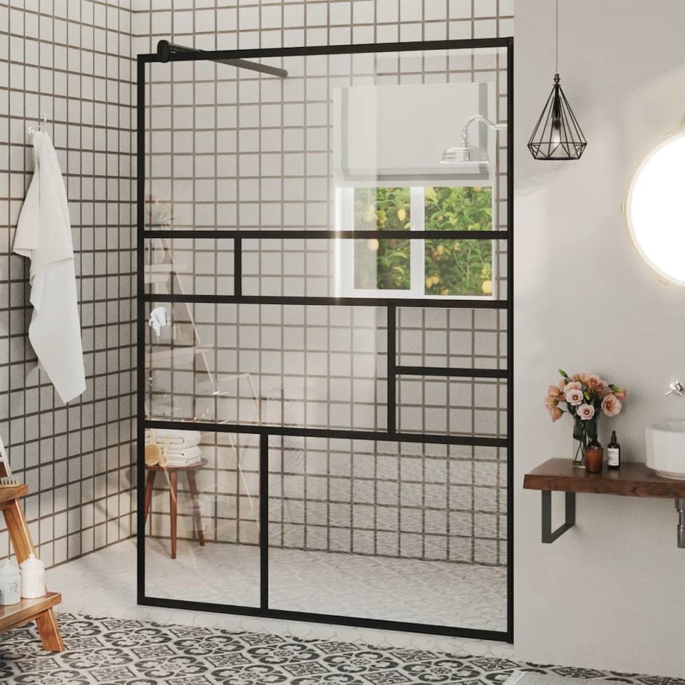 Walk-in Shower Wall with Clear ESG Glass 45.3"x76.8" Black. Picture 1
