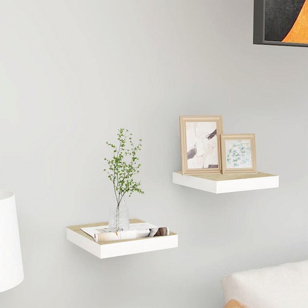 Wall Shelf Set of 2 Oak and White Honeycomb MDF, metal Small. Picture 1