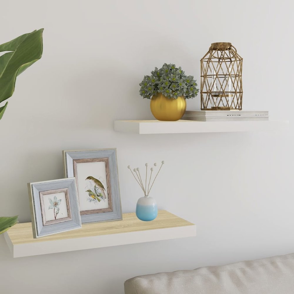 Wall Shelf Set of 2 Oak and white Honeycomb MDF 23.6x9.3x1.5 in. Picture 1