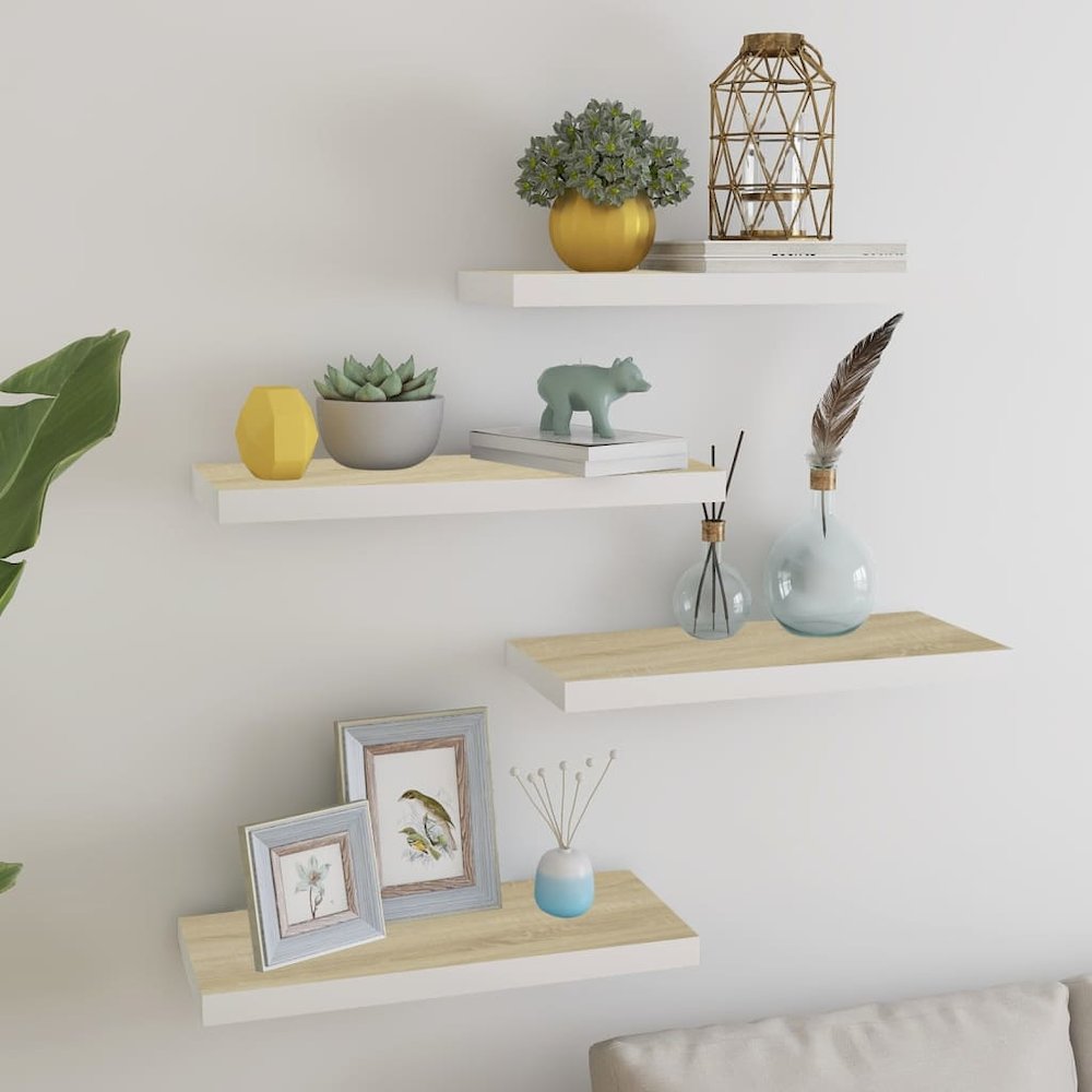 Wall Shelf Set of 4 Oak and White Honeycomb MDF, Metal Standard. Picture 1