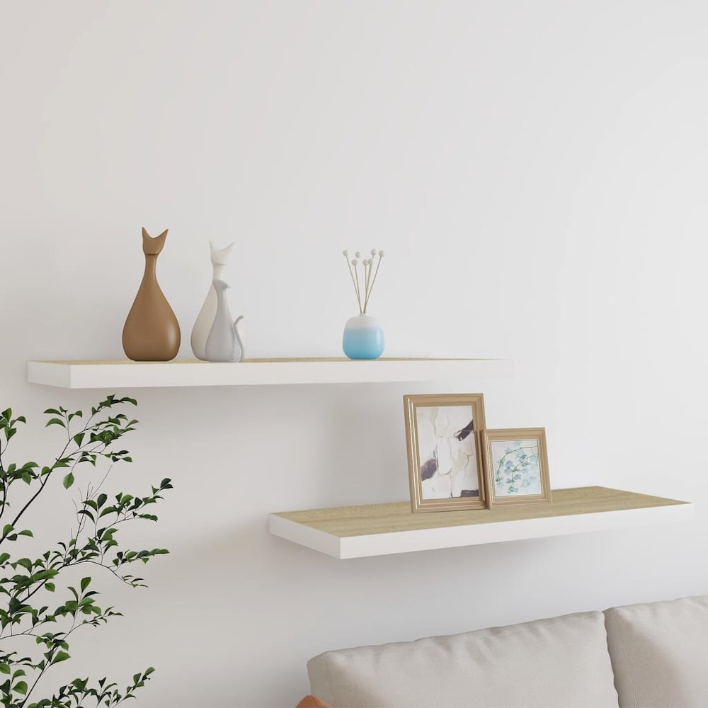 Wall Shelf Set of 2 Oak and White Honeycomb MDF, Metal Medium. Picture 1