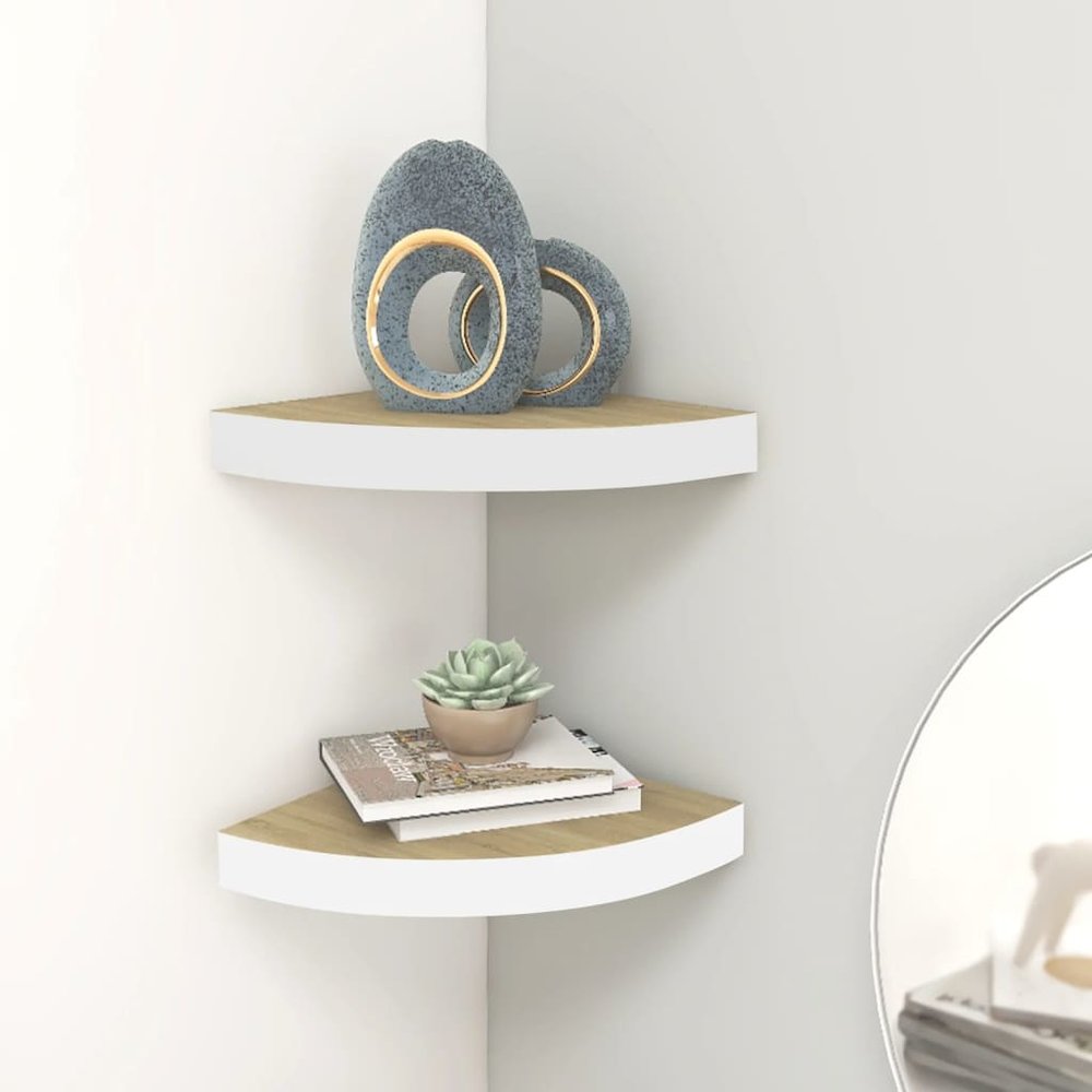 Wall Corner Shelf Set of 2 Oak and white Honeycomb MDF, metal. Picture 1