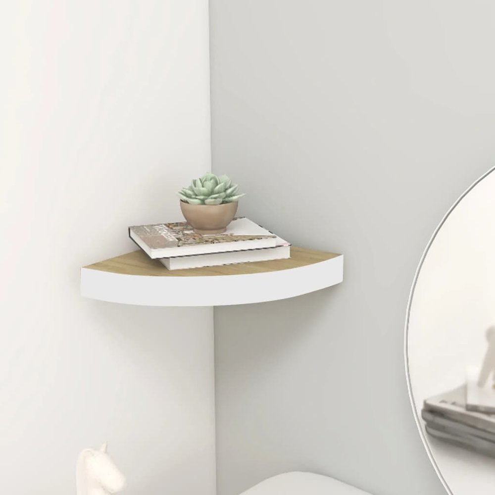 vidaXL Wall Corner Shelf Oak and White 13.7"x13.7"x1.4" MDF. Picture 1