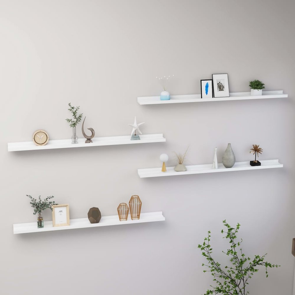 Wall Shelf Set of 4 White MDF Long Wall Shelf Rectangular. Picture 1