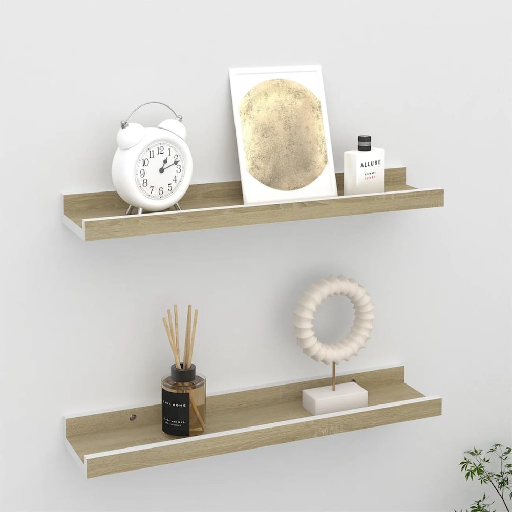 Wall Shelf Set of 2 White and Sonoma Oak MDF 15.7 x 3.5 x 1.2 in. Picture 1