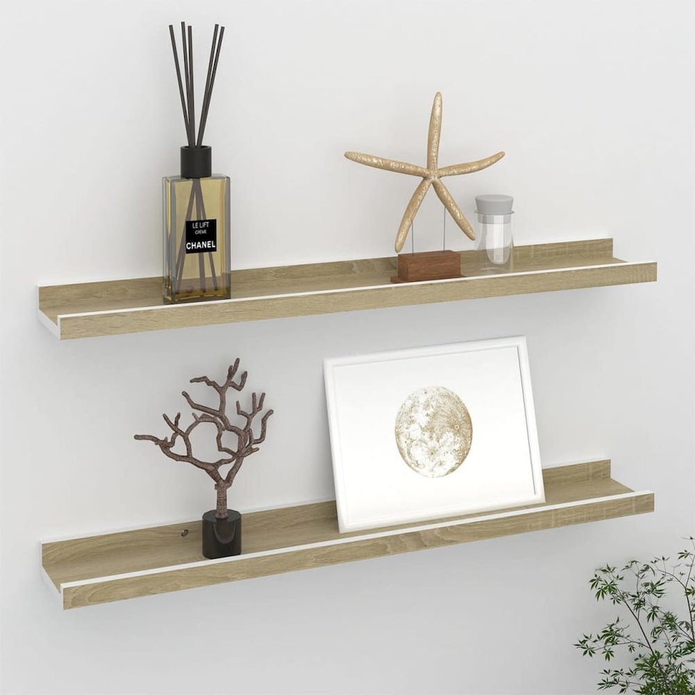 Wall Shelf Set of 2 White and Sonoma Oak MDF 23.6in long. Picture 1