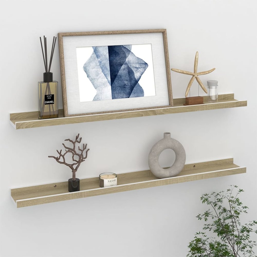 Wall Shelf Set of 2 White and Sonoma Oak MDF 31.5 x 3.5 x 1.2 in. Picture 1