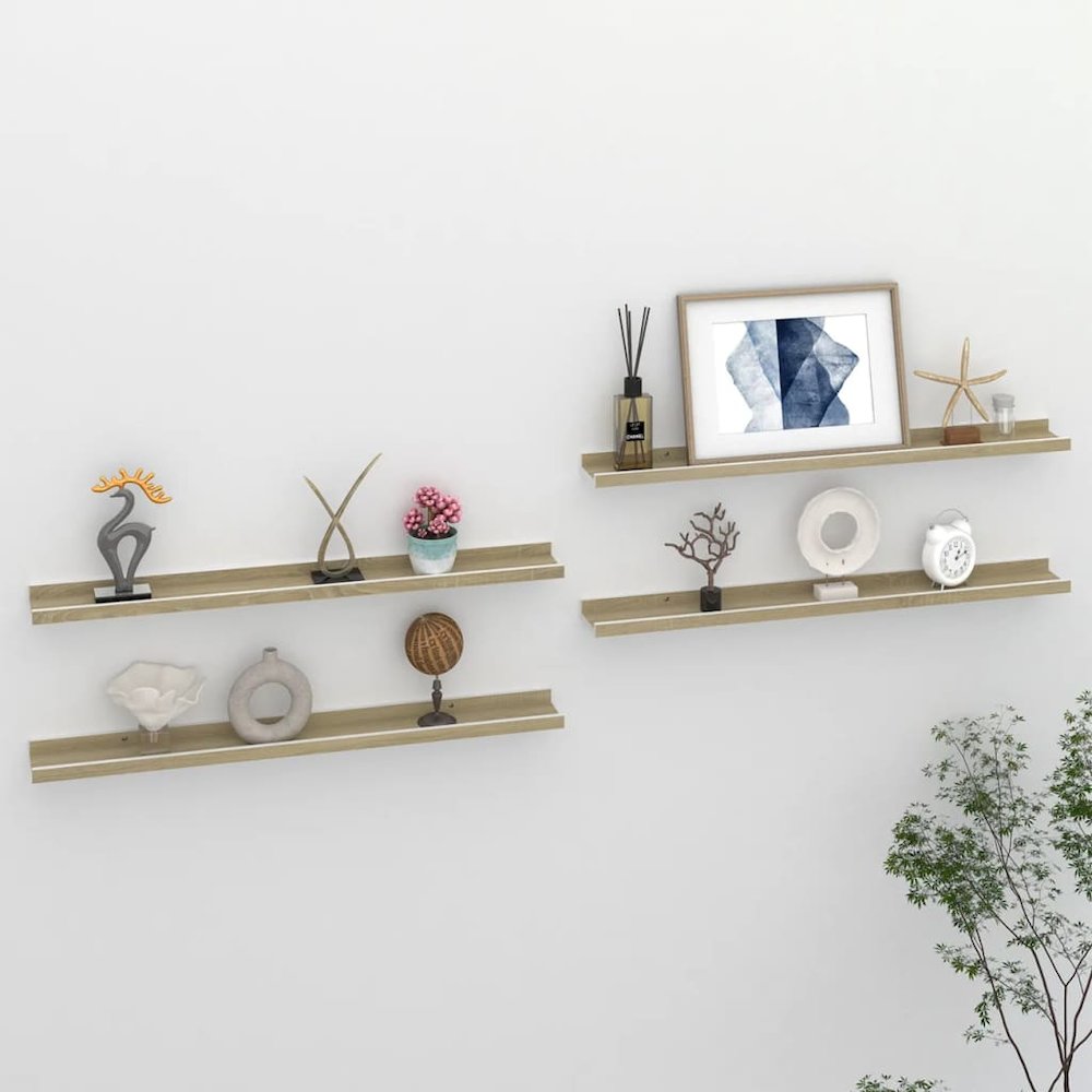 Wall Shelf Set of 4 White and Sonoma Oak MDF Medium. Picture 1