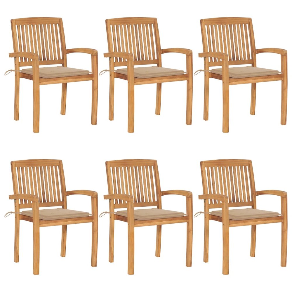 Stacking Patio Chairs with Cushions 6 pcs Solid Teak Wood. Picture 1