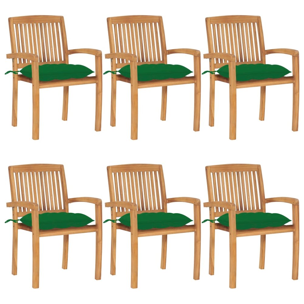 Patio Chair Set of 6 Natural Teak, Green Solid Teak Wood, Polyester. Picture 1