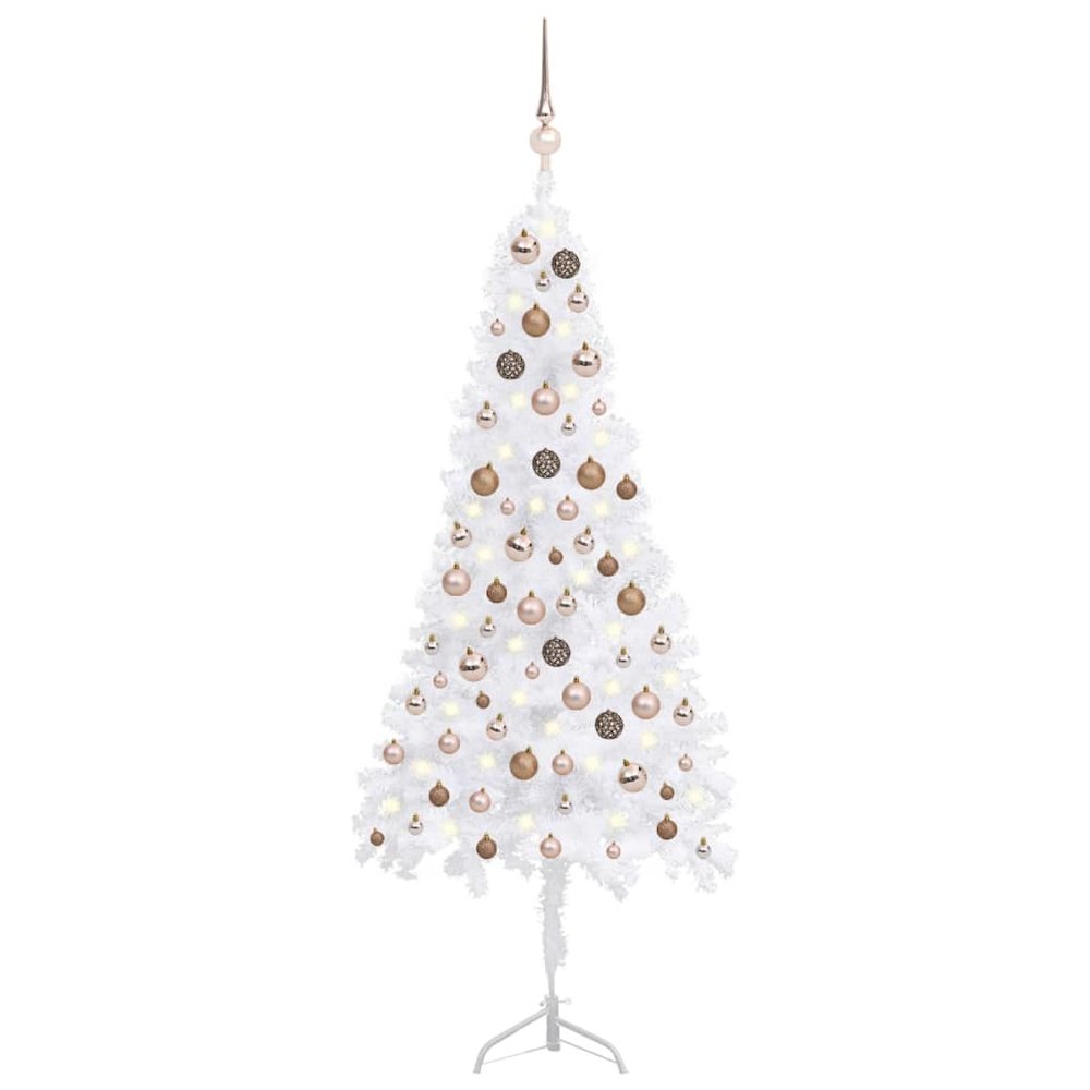 vidaXL Corner Artificial Christmas Tree LEDs&Ball Set White 59.1" PVC, 3077958. Picture 1