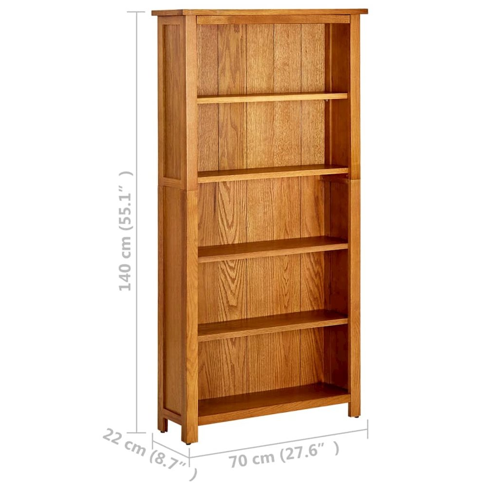 vidaXL 5-Tier Bookcase 27.5"x8.6"x55.1" Solid Oak Wood. Picture 6