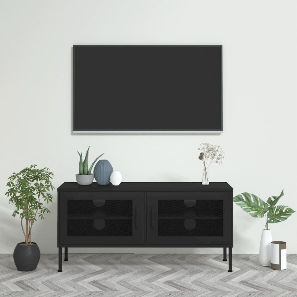 TV Cabinet Black Steel 41.3 x 13.8 x 19.7 in Levelers. Picture 1
