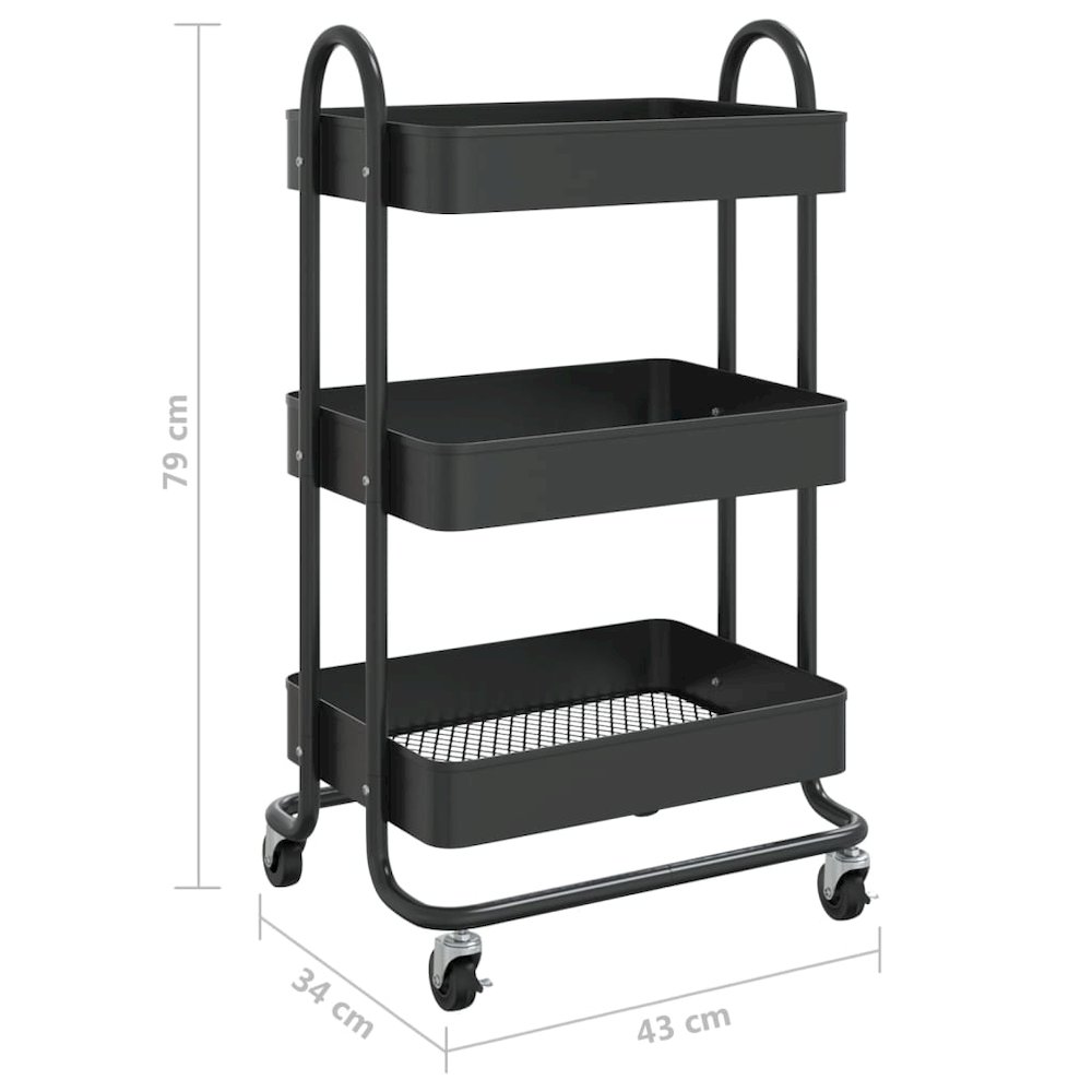 vidaXL 3-Tier Trolley Black 16.9"x13.4"x31.1" Steel. Picture 7