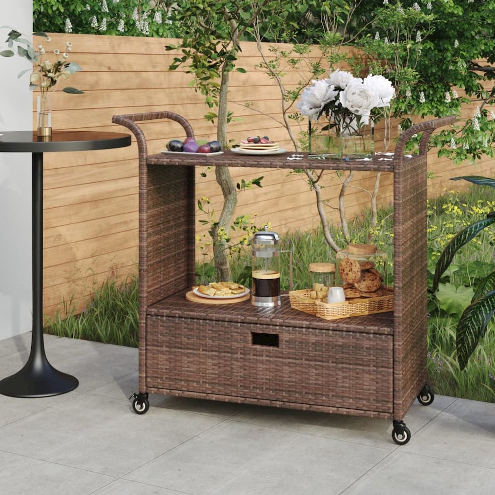 vidaXL Bar Cart with Drawer Brown 39.4"x17.7"x38.2" Poly Rattan. Picture 1