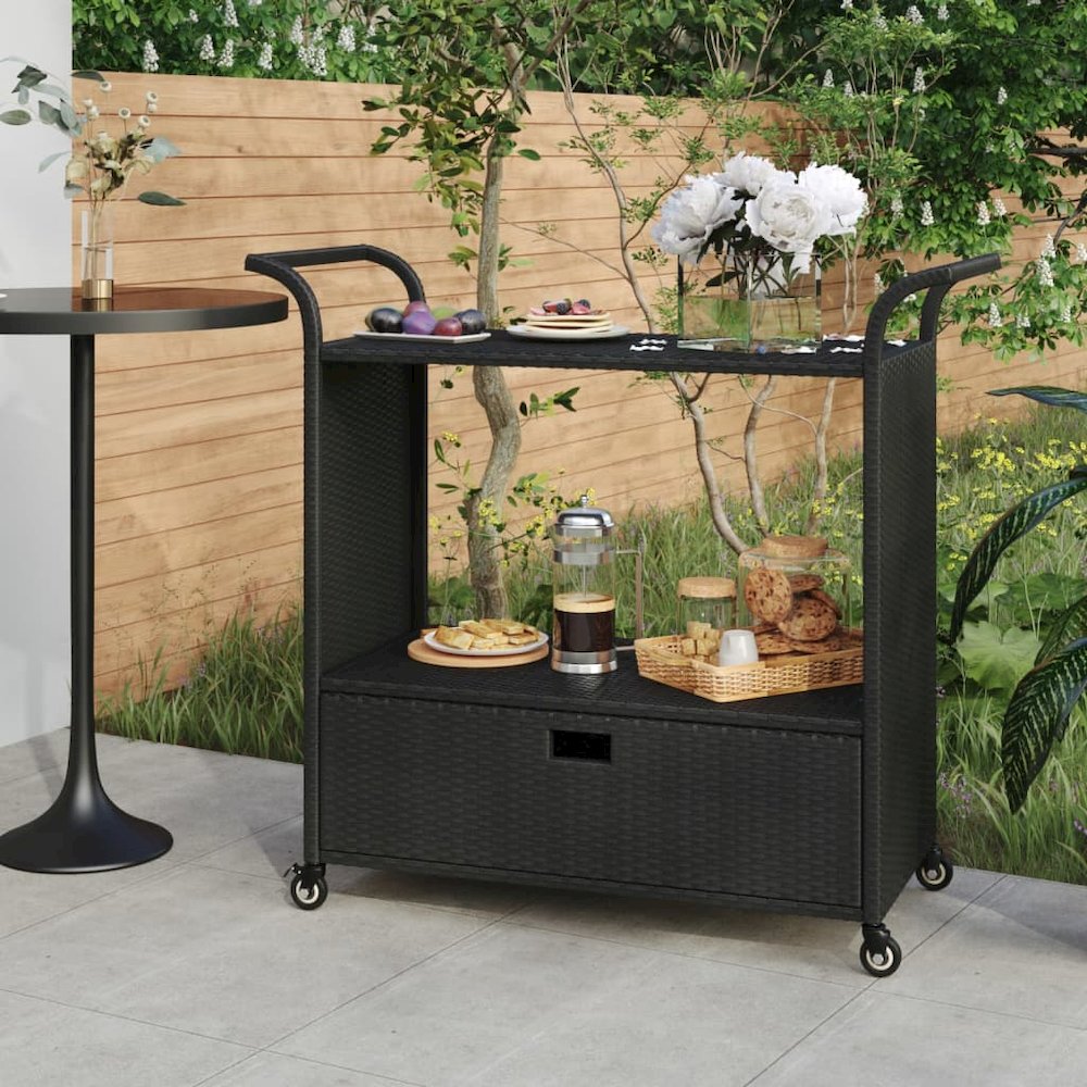 vidaXL Bar Cart with Drawer Black 39.4"x17.7"x38.2" Poly Rattan. Picture 1