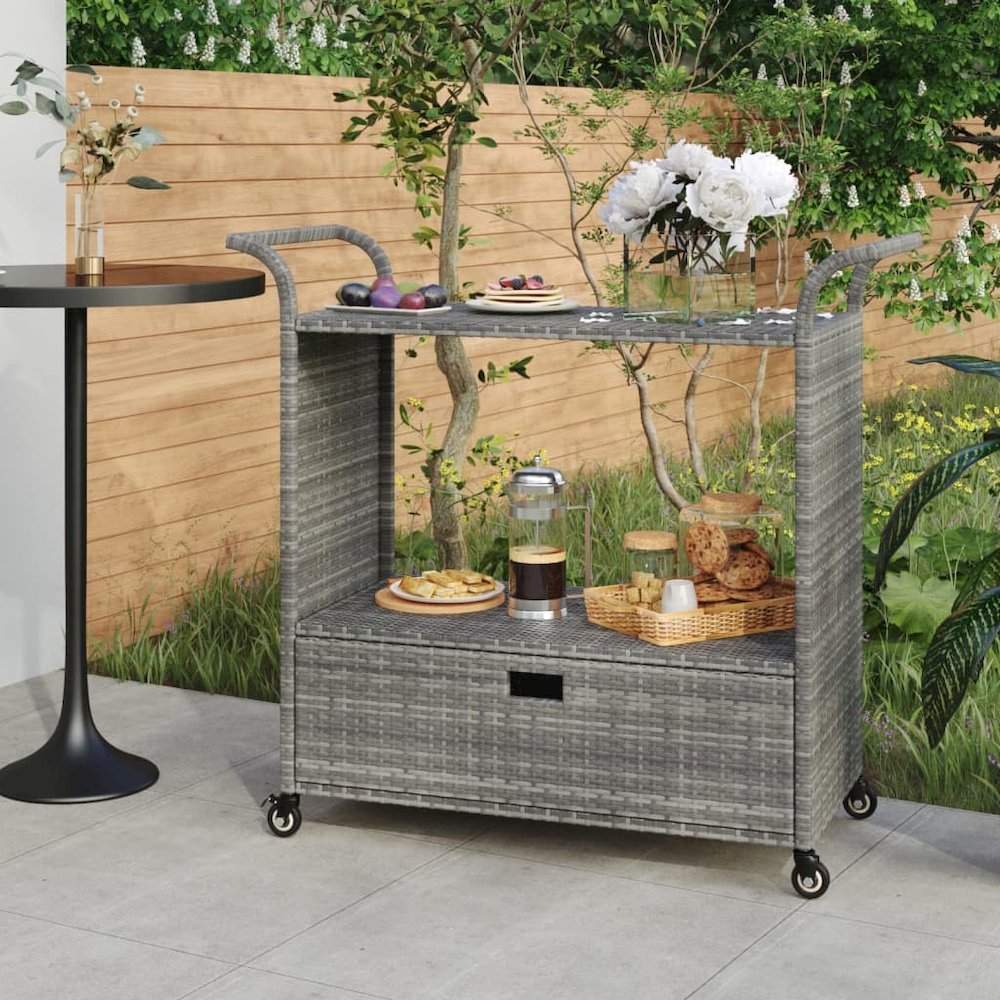 vidaXL Bar Cart with Drawer Gray 39.4"x17.7"x38.2" Poly Rattan. Picture 1