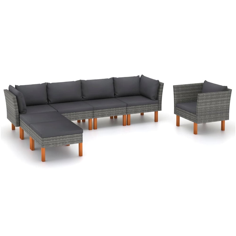 7 Piece Patio Lounge Set Poly Rattan and Eucalyptus Wood Gray. Picture 1