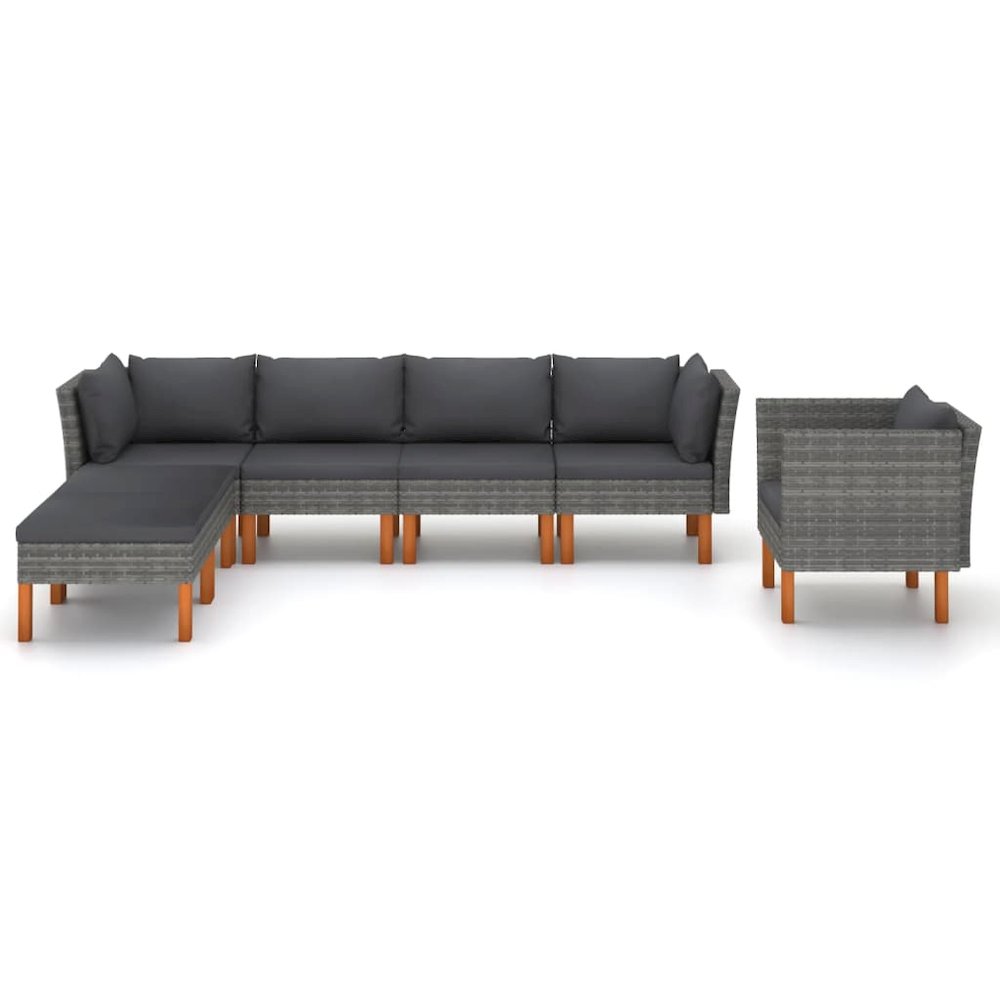 7 Piece Patio Lounge Set Poly Rattan and Eucalyptus Wood Gray. Picture 2