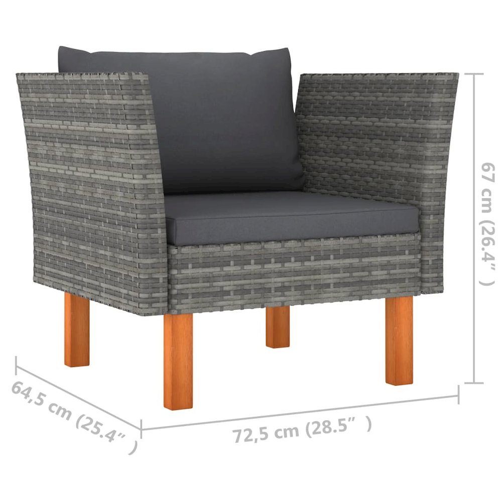 7 Piece Patio Lounge Set Poly Rattan and Eucalyptus Wood Gray. Picture 10