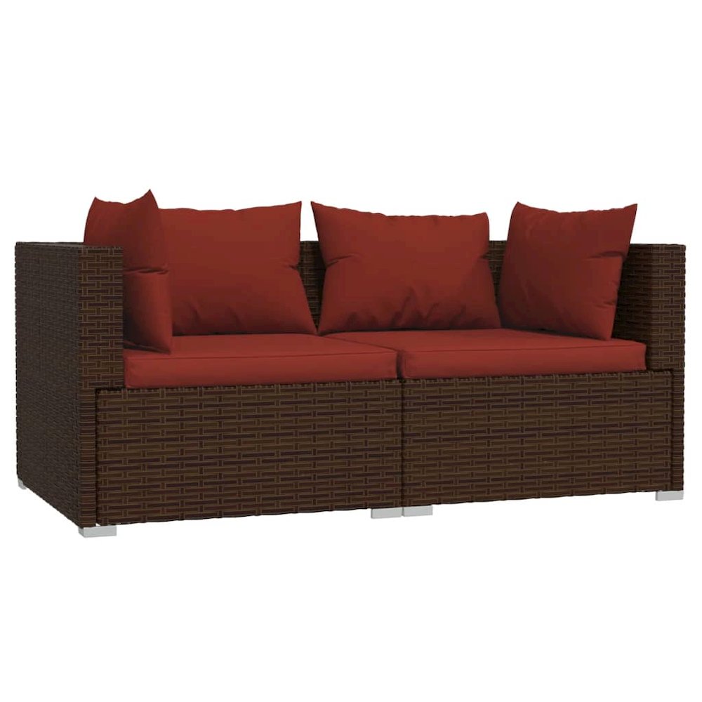 2-seater Sofa Brown Poly Rattan with Cinnamon Red Cushions. Picture 2