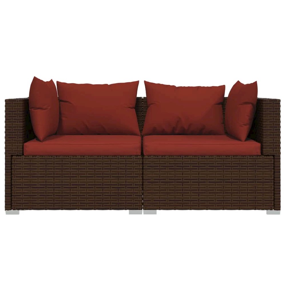 2-seater Sofa Brown Poly Rattan with Cinnamon Red Cushions. Picture 3