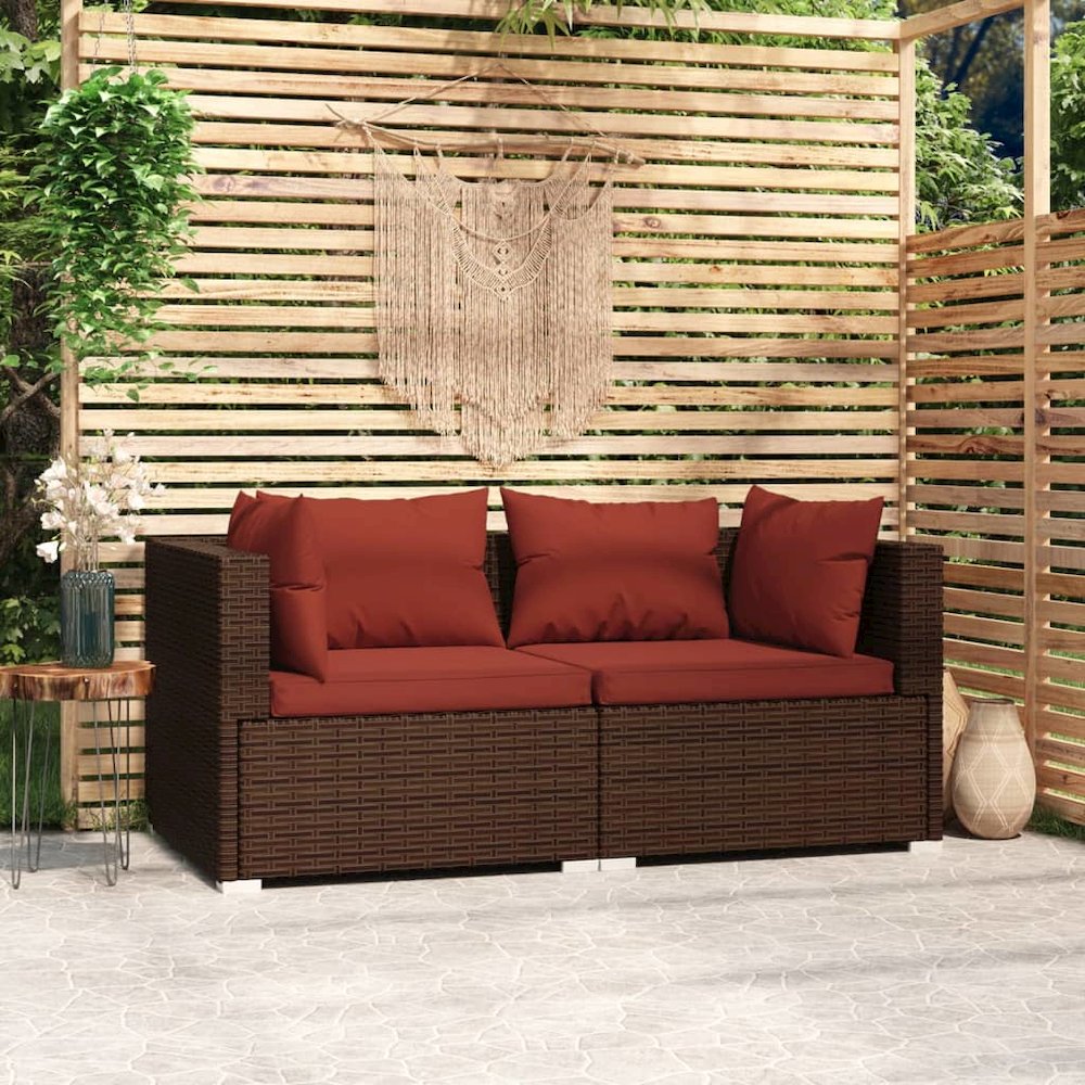 2-seater Sofa Brown Poly Rattan with Cinnamon Red Cushions. Picture 1