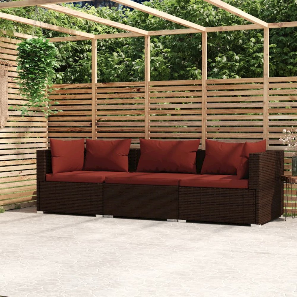 3-Seater Sofa Brown PE rattan, powder-coated steel 3-seater. Picture 1