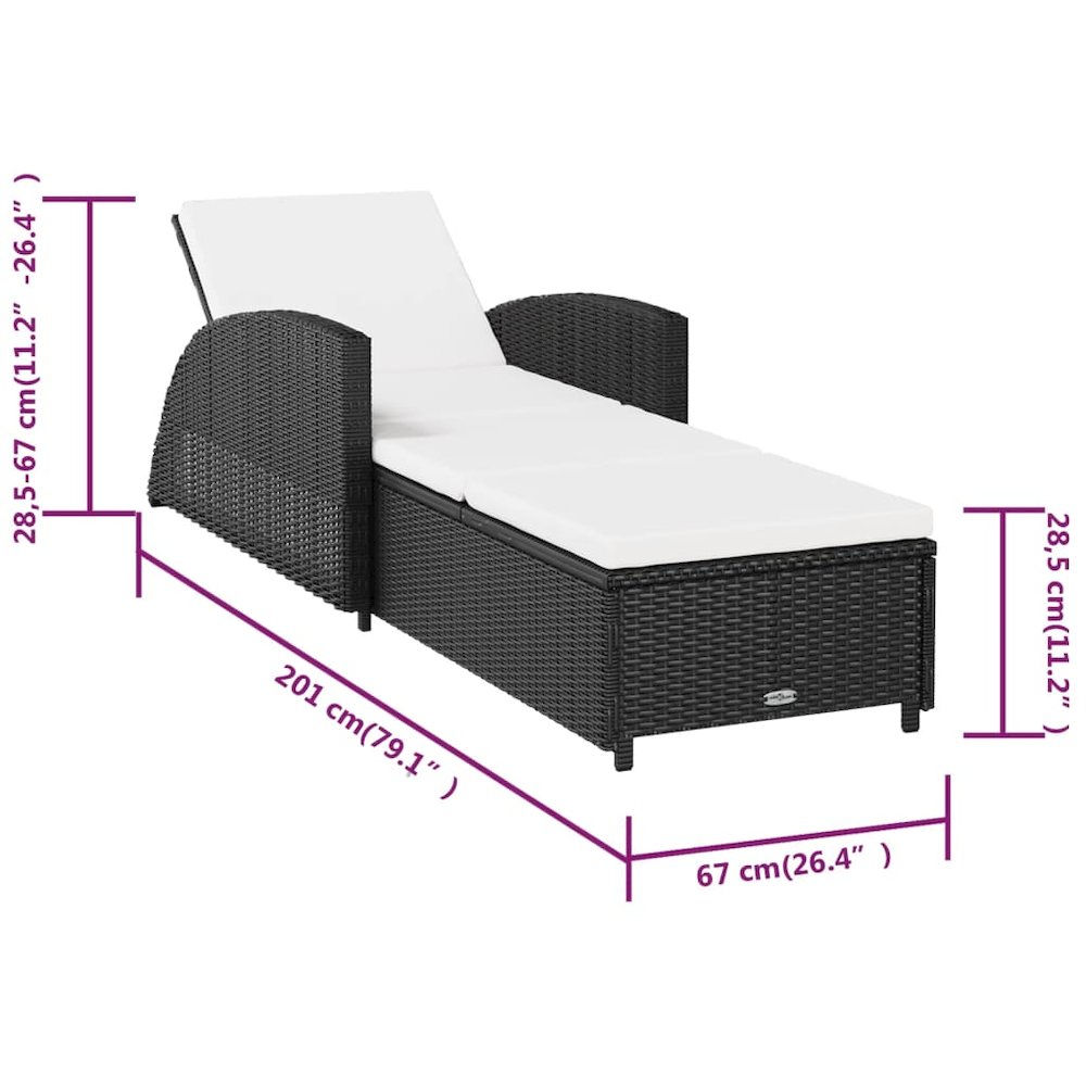 vidaXL Sun Lounger with Cream White Cushion Poly Rattan Black, 317177. Picture 9