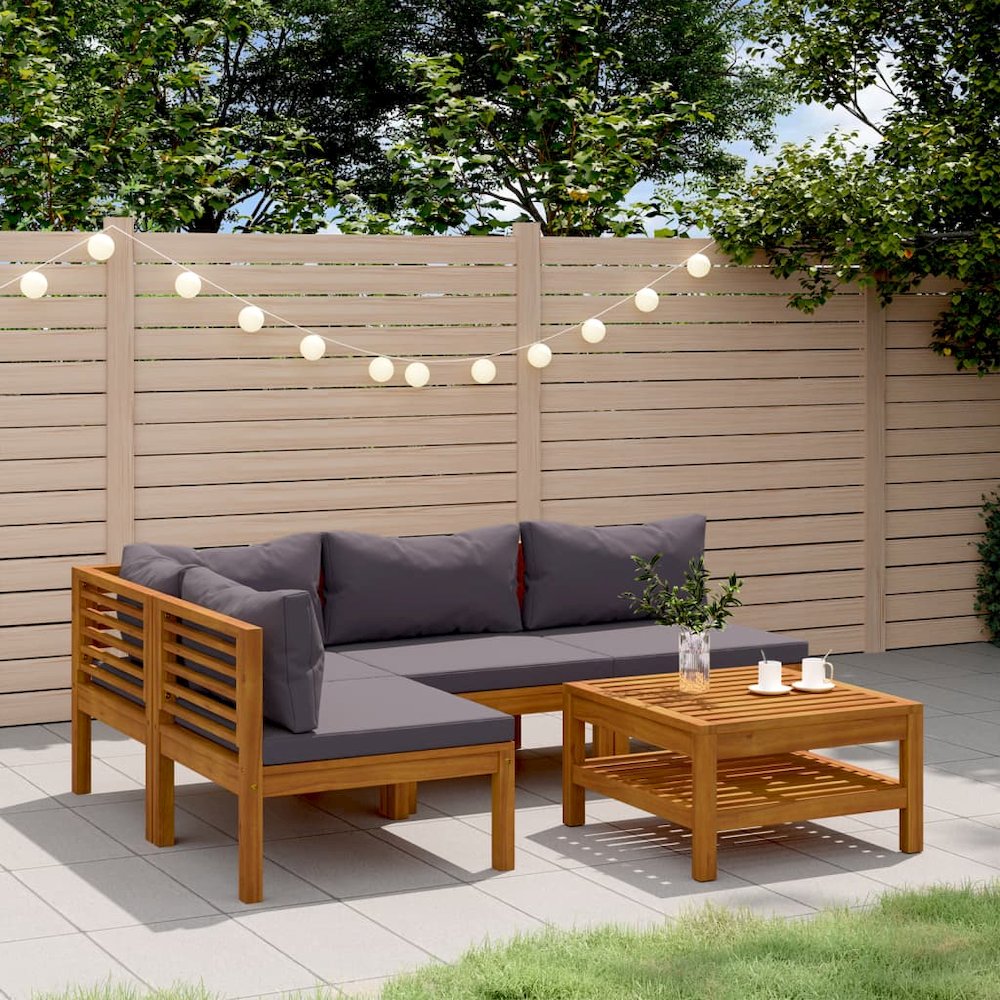 Wooden Lounge Set Dark grey cushions, natural wood frame. Picture 1