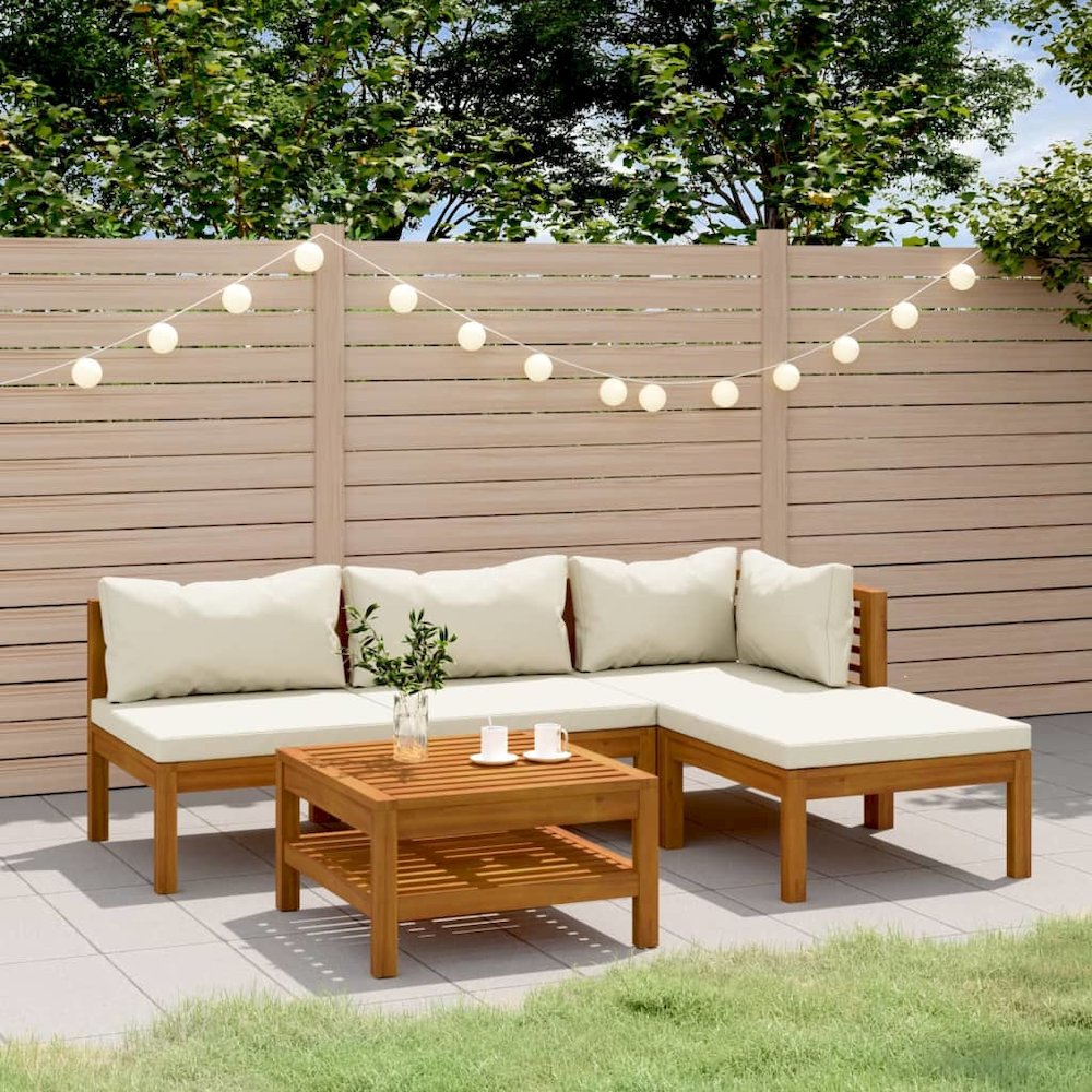 Garden Lounge Set Cream Solid Acacia wood, 100% polyester Medium. Picture 1